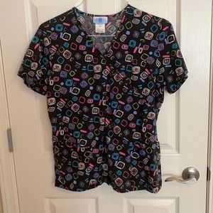 Black and multicolored scrub top size medium